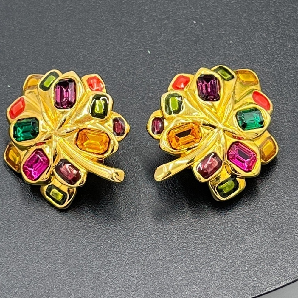 Joan River's Vintage Textured Gold Tone/Fall Fest Faceted Crystal Leaf‎ Earrings